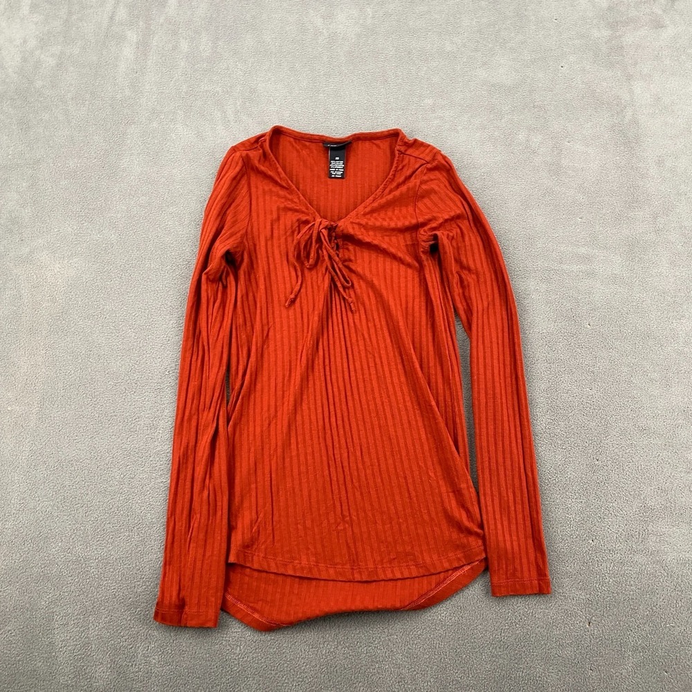 Rue 21 Ribbed‎ Top Womens Extra Small Orange Cotton Stretch Lace Up Neck Detail